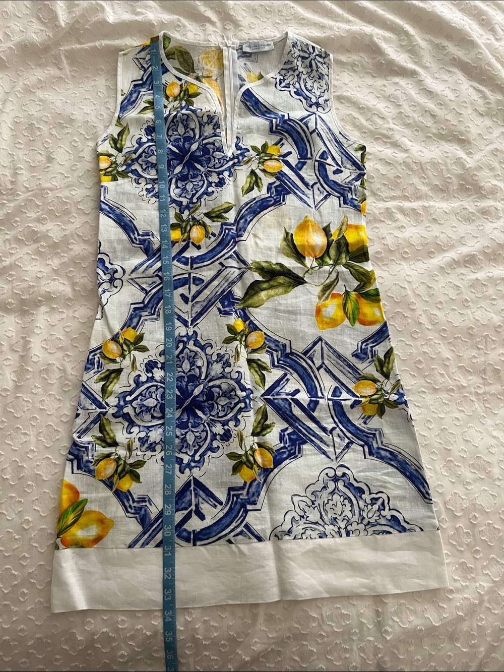 Sleeveless Lemon & Tile Print Midi Dress in White, Blue and Yellow - Picture 8 of 10